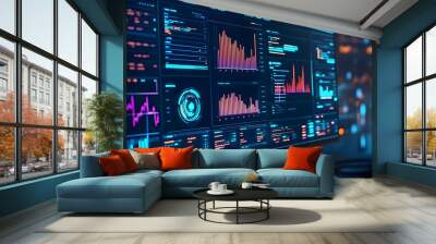 Computer monitor displaying an abstract network monitoring dashboard with real-time data analytics, graphs, and system health indicators, generative ai Wall mural