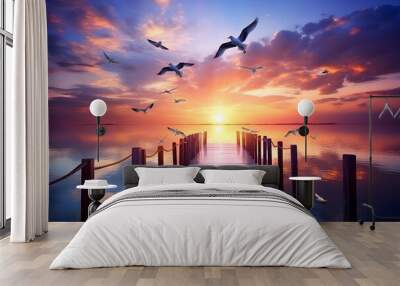 Dreamlike color A wooden bridge extends to the sea wallpaper background
 Wall mural