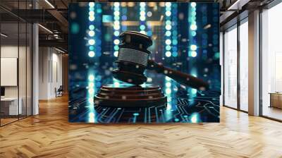 Judge gavel on background of data center. Digital law concept of duality of Judiciary, Jurisprudence and Justice and data in the modern world Wall mural