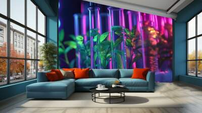 Test tubes with plants under colored lights symbolize molecular biology research and genetic engineering, generative ai Wall mural