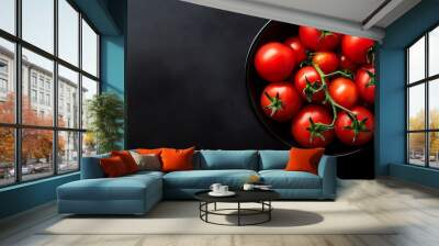 Tomato in a bowl on a black background, top view, copy space, generative ai Wall mural