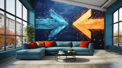 Two bold arrows in contrasting colors clashing in the middle, symbolizing conflict, opposing views, or a standoff between two parties or ideas, generative ai Wall mural