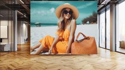 Pretty woman in summer, in the sun, wearing sunglasses and a hat. generate by ai Wall mural