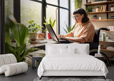 Woman in a wheelchair working, handicap and disability. generate by ai Wall mural