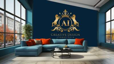 initial AI Retro golden crest with circle and two horses, badge template with scrolls and royal crown - perfect for luxurious branding projects Wall mural