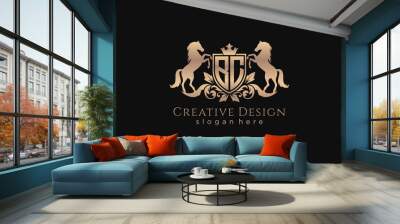 initial BC Retro golden crest with shield and two horses, badge template with scrolls and royal crown - perfect for luxurious branding projects Wall mural