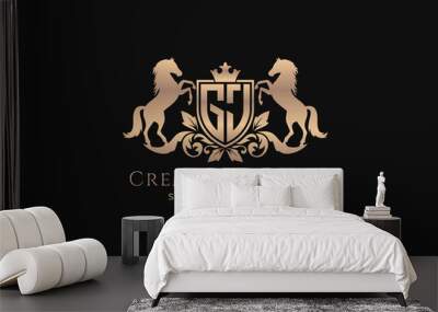 initial GJ Retro golden crest with shield and two horses, badge template with scrolls and royal crown - perfect for luxurious branding projects Wall mural