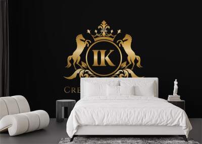 initial IK Retro golden crest with circle and two horses, badge template with scrolls and royal crown - perfect for luxurious branding projects Wall mural