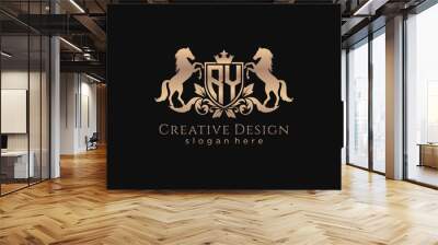 initial RY Retro golden crest with shield and two horses, badge template with scrolls and royal crown - perfect for luxurious branding projects Wall mural