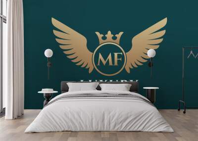 Luxury royal wing Letter MF crest Gold color Logo vector, Victory logo, crest logo, wing logo, vector logo template. Wall mural