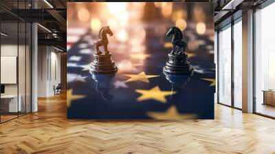 chess pieces on the chessboard; usa vs european union; abstract background based on flag colors; idea of europa and us american economy struggles Wall mural