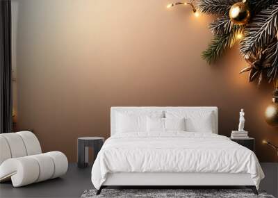 merry christmas and happy new year magical golden christmas tree branch & lights & baubbles background; warm, cozy xmas frame for product/service exposure; copy space; beige widescreen backdrop Wall mural