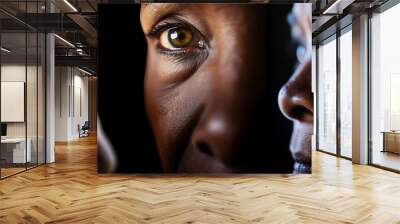 montage of elderly people faces with worried face expression isolated on black background Wall mural