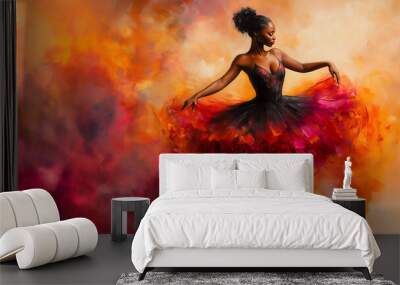 painting of african american ballet dancer isolated on red & orange hot background; copy space Wall mural