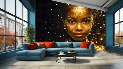 portrait of a young, confident african american girl with golden makeup and gold pieces flowing in the air; black background; copy space Wall mural