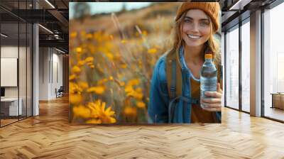 smiled blond traveler outside holding water in plastic bottle; young girl in 20s or 30s in hat outdoors in the spring/summer/autumn/fall; hydrating; bottle of water without label; copy space for text  Wall mural