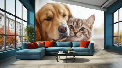 sweet cute golden retriver dog and grey cat friendship; islated two domestic animals cuddling; friends hugging; white background Wall mural