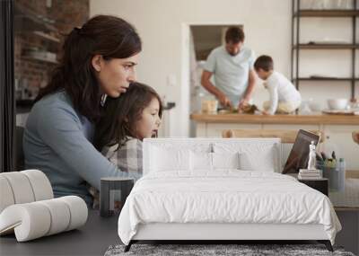 Busy Family Home With Mother Working As Father Prepares Meal Wall mural