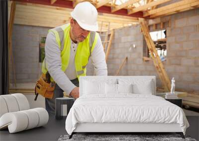 Carpenter Cutting House Roof Supports On Building Site Wall mural