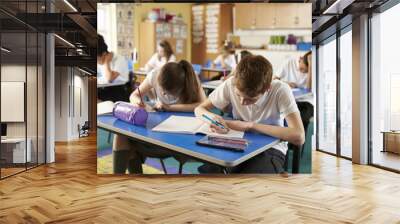 class of primary school kids studying during a lesson, close up Wall mural