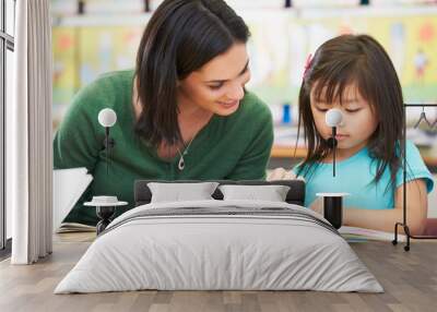 elementary pupil reading with teacher in classroom Wall mural