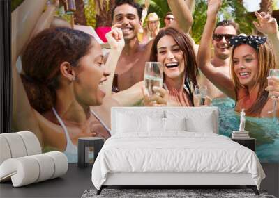 Group Of Friends Having Party In Pool Drinking Champagne Wall mural