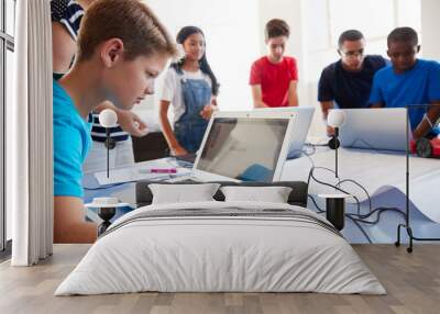 Group Of Students In After School Computer Coding Class Learning To Program Robot Vehicle Wall mural