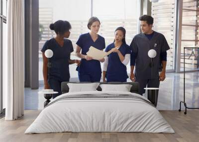 Healthcare colleagues discussing notes in hospital corridor Wall mural