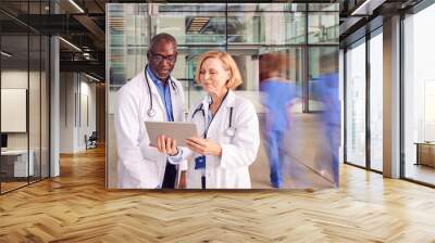 Male And Female Doctors Having Informal Meeting In Modern Hospital Looking At Digital Tablet Wall mural