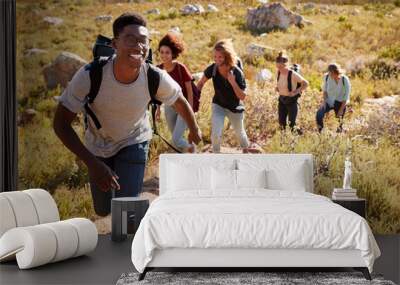 Millennial African American man leading friends hiking single file uphill on a path in countryside Wall mural