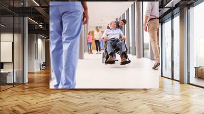 Nurse Pushing Senior Patient In Wheelchair Along Corridor Wall mural