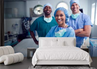 Portrait Of Multi-Cultural Surgical Team Standing In Hospital Operating Theater Wall mural