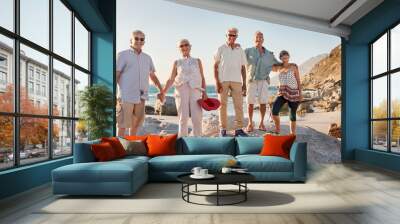 Portrait Of Senior Friends Standing On Rocks By Sea On Summer Group Vacation Wall mural