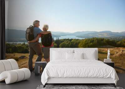 Rear View Of Senior Couple Standing At Top Of Hill On Hike Through Countryside In Lake District UK Wall mural