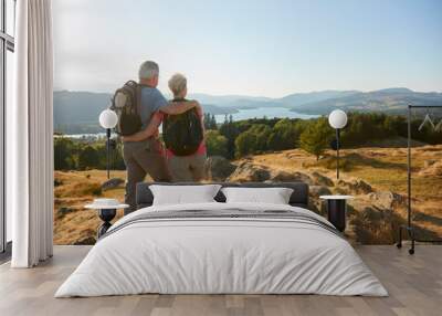 rear view of senior couple standing at top of hill on hike through countryside in lake district uk Wall mural