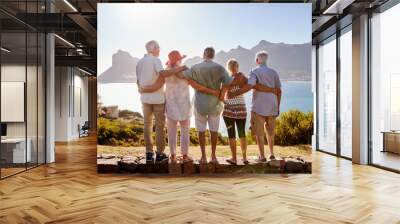 Rear View Of Senior Friends Visiting Tourist Landmark On Group Vacation Standing On Wall Wall mural