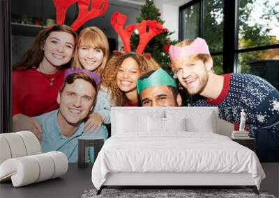 Retro Style Portrait Of Group Of Friends Enjoying Christmas Party At Home Together Wall mural