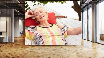 Senior Woman Relaxing In Beach Hammock Wall mural