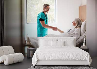 Surgeon Visiting And Shaking Hands With Mature Female Patient In Hospital Bed Wall mural