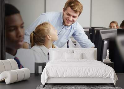 Teenage Students Wearing Uniform Studying In IT Class Wall mural