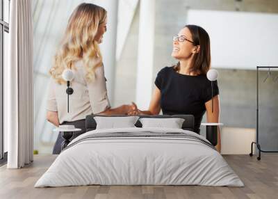 two businesswomen shaking hands in modern office Wall mural