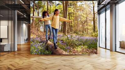 two children walking through bluebell woods in springtime balancing on log Wall mural