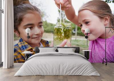 Two Girls Looking At Glass Jar Studying Pond Life At Outdoor Activity Camp Wall mural