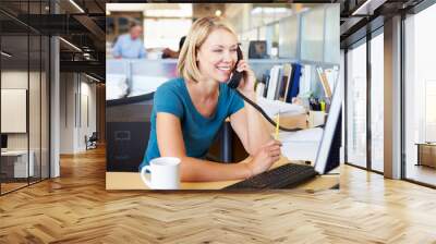 Woman On Phone In Busy Modern Office Wall mural