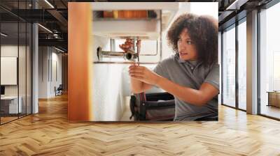 Young black female plumber sitting on the floor fixing a bathroom sink, seen from doorway Wall mural