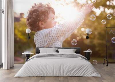 Young Boy Having Fun In Garden Chasing And Bursting Bubbles Wall mural