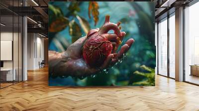 Bioprinted Heart Cradled by Hand Amid Natural Elements,Showcasing Science and Nature's Collaborative Spirit in Tissue Engineering Wall mural