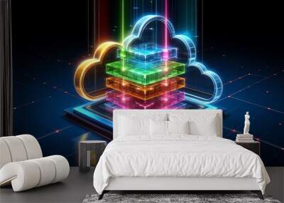 3d Image of a futuristic software stack in cloud computing Wall mural