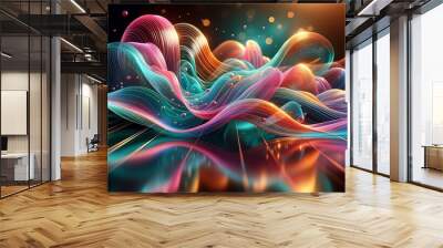 A digital artwork featuring a close-up view of colorful, translucent waves or ribbons flowing across a dark, reflective surface Wall mural