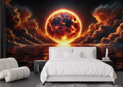 A dramatic and surreal image of a gigantic, fiery sun setting or rising from the ocean Wall mural